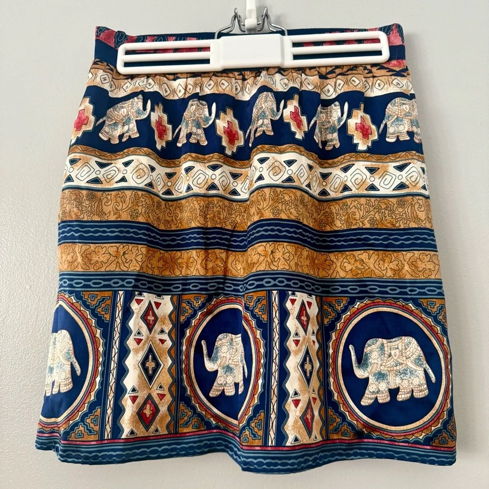 EUC Voom by Joy Han Elephant Print Boho Mini Skirt 100% Silk - Picture 4 of 7